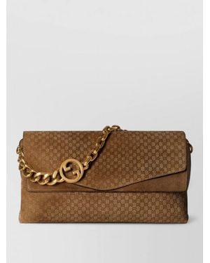 Gucci Gg Chain Large Suede Leather Clutch Bag - Brown