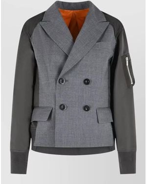 Sacai Wool Blend Double Breasted Blazer Contrast Sleeves - Gray