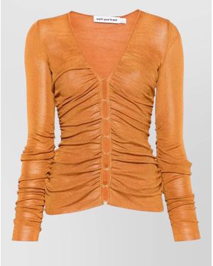 Self-Portrait Viscose Knit Top Long Sleeve Ruched - Orange
