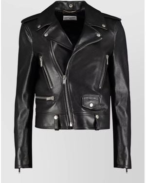 Saint Laurent Cropped Leather Biker Jacket Tailored Fit - Black