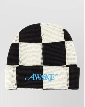 AWAKE NY Logo Beanie Hat Folded Brim Chequered Pattern - Black
