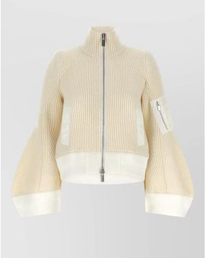 Sacai Wool Ribbed Cropped Funnel-Neck Bell-Sleeve Jumper - Natural