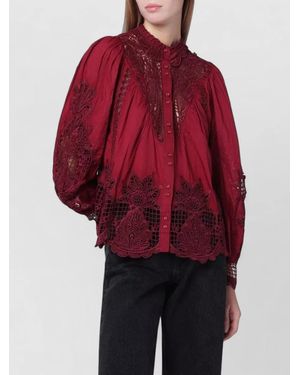 FARM Rio High Neck Lace Top Long Sleeves - Red