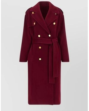 Alberta Ferretti Wool Coat Belted Waist Epaulettes Buttons - Red
