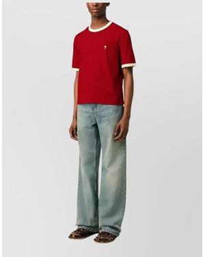 Ami Paris Short Sleeve Crew Neck Contrast Trim Shirt - Red