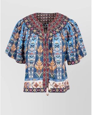 FARM Rio Embroidered Short Sleeve Blouse - Blue