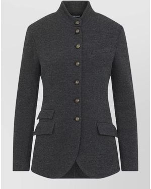 Giorgio Armani Tailored Blazer Stand Collar Herringbone Pockets - Black