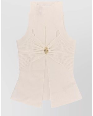Elisabetta Franchi Ribbed Knitted Top Metal Detail - Natural