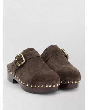 Chloé Jeannette Suede Mules Buckle Studs Wooden Sole - Brown