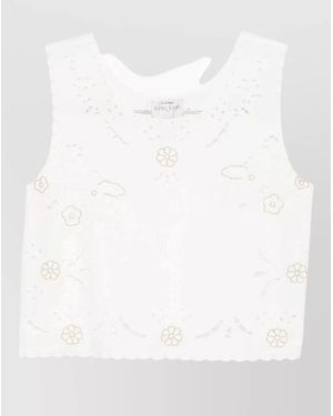 forte_forte Cotton Top Sleeveless Cropped Round Neck Embroidery - White