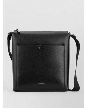 Ferragamo Crossbody Bag Textured Finish Adjustable Strap Pocket - Black