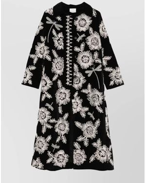 Forte Forte Long Coat With Floral Embroidery And Pockets - Black