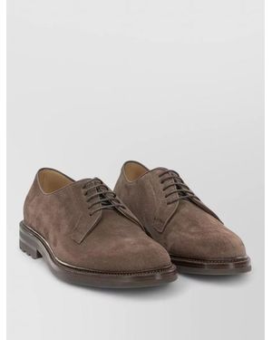 Brunello Cucinelli Suede Derby Shoes Round Toe Rubber Sole - Brown