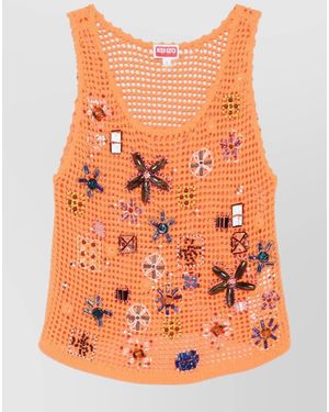 KENZO Crochet Floral Sleeve Detail Top - Orange