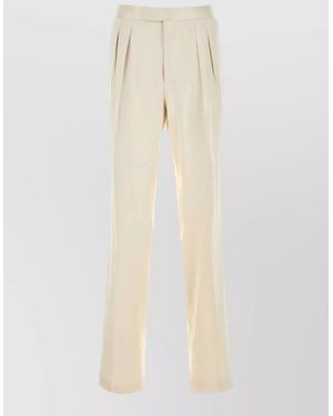 Tom Ford Satin Tailored Pleated Trousers Belt Loops Pockets - Natural