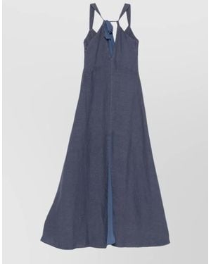 120% Lino Linen Long Dress A Line V Neckline - Blue