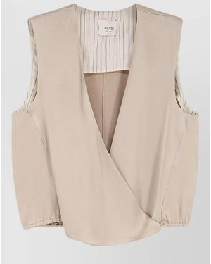 Alysi Satin V Neck Sleeveless Top Elastic Hem - Natural