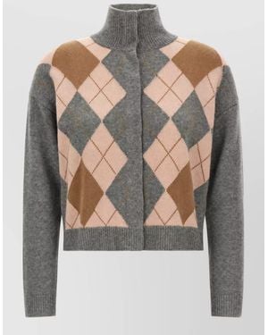 Max Mara Cashmere Wool Argyle High Neck Cardigan - Grey