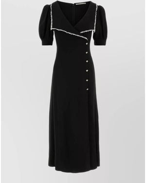 Alessandra Rich Stretch Cady Dress Puff Sleeves V Neckline - Black