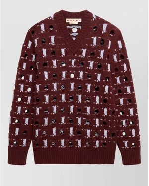 Marni Cashmere Wool V-Neck Jacquard Knit Sweater - Red