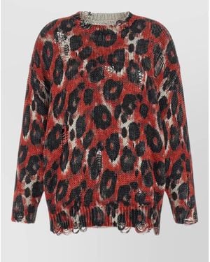 R13 Crew Neck Distressed Knit Long Sleeve Sweater - Red
