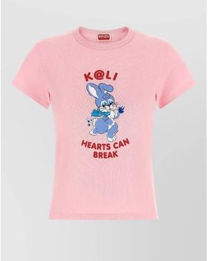KENZO Cartoon Graphic Crew Neck Short Sleeve T-Shirt - Pink
