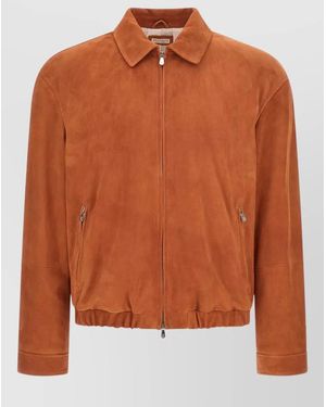 Brunello Cucinelli Leather Elasticated Hem Bomber Jacket - Orange