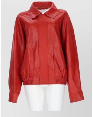 Alysi Leather Bomber Jacket Ribbed Cuffs Cropped Length - Red