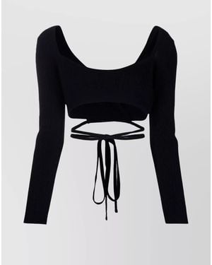 Patou Wool Cashmere Cable Knit Cropped Long Sleeve Wrap Top - Black