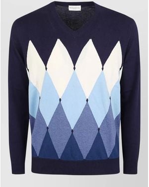 Ballantyne V Neck Argyle Knit Long Sleeve Sweater - Blue