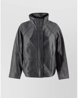 Soeur Oversized Leather Jacket With Raglan Sleeves - Gray