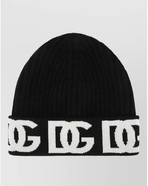 Dolce & Gabbana Cashmere Blend Ribbed Knit Logo Beanie - Black