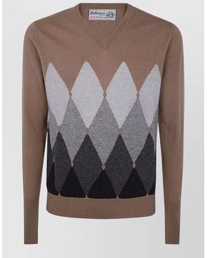 Ballantyne V Neck Argyle Knit Long Sleeve Sweater - Gray
