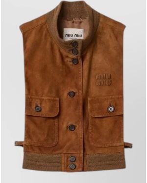 Miu Miu Leather Top Sleeveless Front Pockets Ribbed Hem - Brown