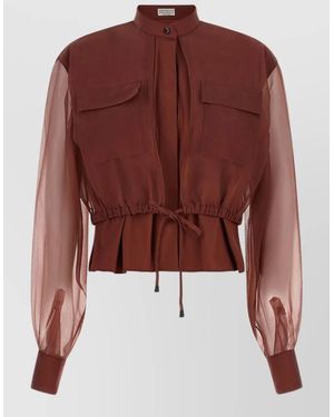 Brunello Cucinelli Silk Sleeve Peplos Jacket Shirt - Brown