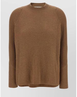 Max Mara Ribbed Crew Neck Sweater With Side Slits - Brown