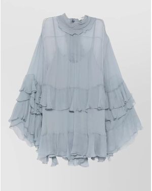 Chloé Silk Ruffled Sheer Long-Sleeve Mini Dress - Blue