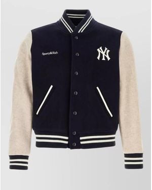 Sporty & Rich Wool Blend Bomber Jacket Contrast Sleeves - Blue