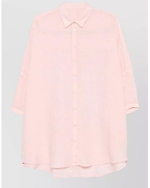 120% Lino Linen Shirt Dress Three Quarter Sleeves - Pink