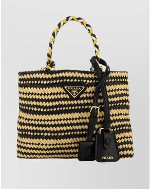 Prada Two-Tone Woven Handbag Top Handles - Natural