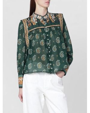 FARM Rio Floral Top Long Sleeves Pleated Back Scalloped Hem - Green