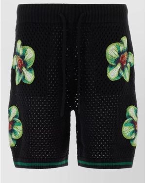 CASABLANCA Crochet Bermuda Shorts Floral Embroidery Waistband - Black