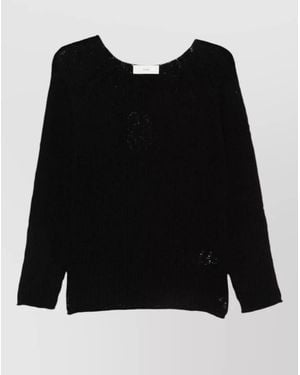 DUNST Crochet Round Neck Knit Long Sleeve Sweater - Black