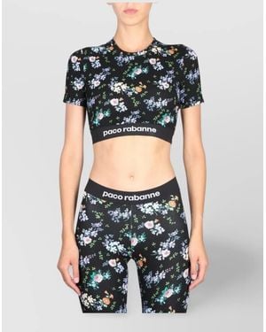 Rabanne Cropped Floral Print Stretch Top - Black