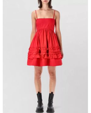 Ganni Mini Dress Smocked Back Ruffle Hem Straps - Red