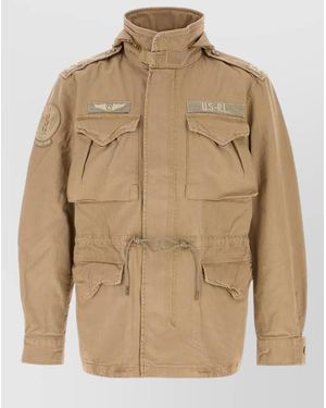 Polo Ralph Lauren Cotton Jacket Hood Drawstring Waist Epaulettes - Natural