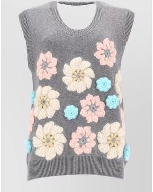 Ganni Crew Neck Knit Gilet Floral Appliqué - Grey