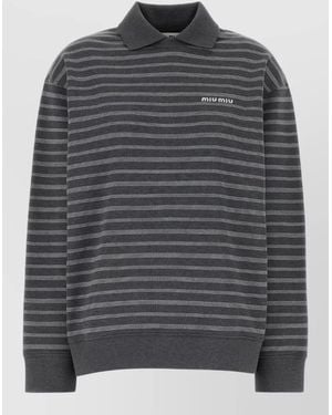 Miu Miu Embroidered Cotton Striped Long Sleeve Polo Shirt - Gray