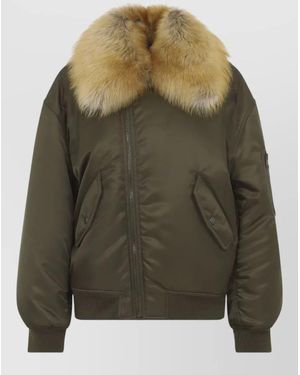 Saint Laurent Shearling Bomber Jacket Padded Collar Pockets - Green