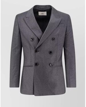 Ami Paris Virgin Wool Double-Breasted Blazer - Blue